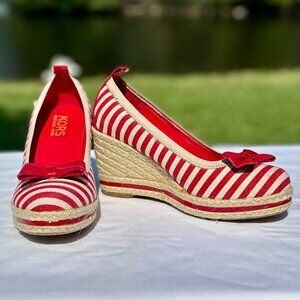 NEW KORS Michael Kors Tomato Red Bow Striped Straw Espadrille Wedge Size 7.5
